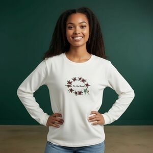 VILLAGER SPORT “TIS THE SEASON” EMBROIDERED CHRISTMAS WHITE LONG SLEEVE TOP